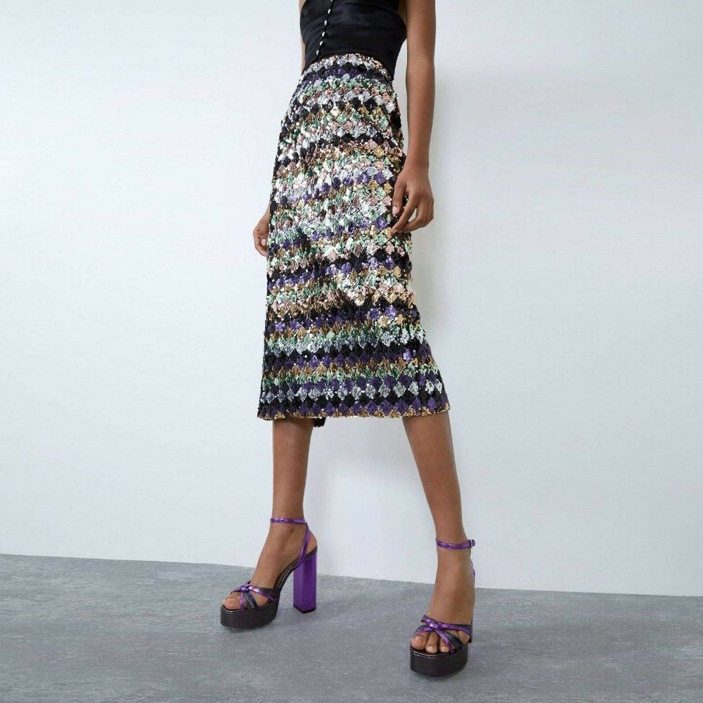 🍍3 For 50🍍Sequin Diamond-Pattern Midi Skirt - Black Multicolor - Picture 15 of 15